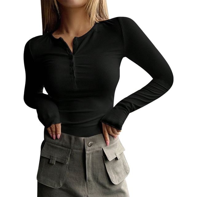 Long Sleeve Tee Shirts 2023 Long Sleeve Shirts for Women V Neck Henley Tops Slim Fit Basic Ribbed Knit Button down T Shirts Tops - Hontri