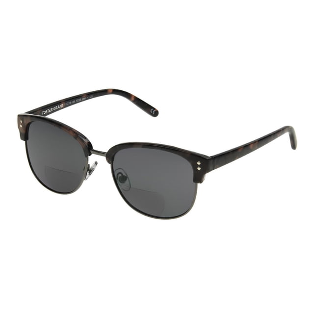 Foster Grant Reading Glasses Viv Sun Reader with tortoiseshell club style frame and dark lenses featuring a bottom reading magnifier, adjustable nose pads, and scratch-resistant coating offering 100% UVA-UVB protection, suitable for outdoor reading.