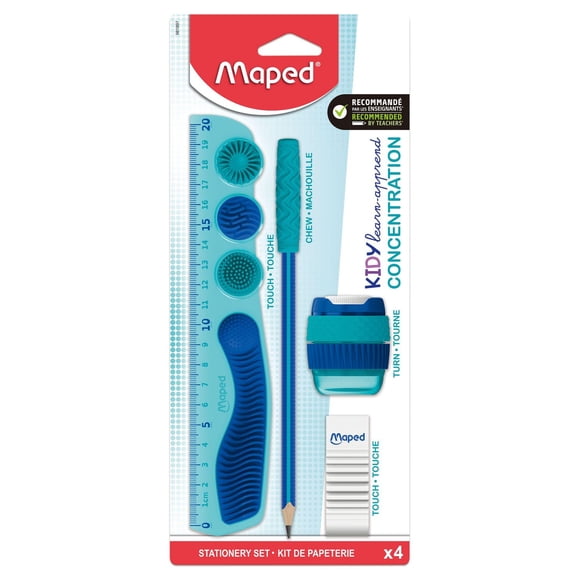 Le kit Idéal pour rester concentré ! Règle avec zones tactiles amovibles, crayon relaxant, taille-crayons et gomme texturés.