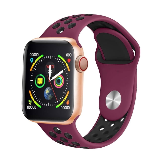iTIME ELITE Health and Fitness Body Temperature Smartwatch with Heart Rate Monitor with rose gold aluminum and ceramic case and purple silicone strap with black ventilation holes, featuring a touch screen LCD display showing fitness activity rings, heart rate, pedometer, and message notifications.