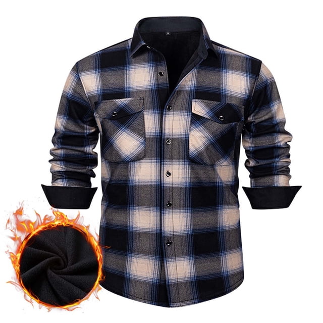 Lovzfmll Men's Flannel Shirt Jacket Fleece Lined Button Front Two Pockets Sky Blue, S