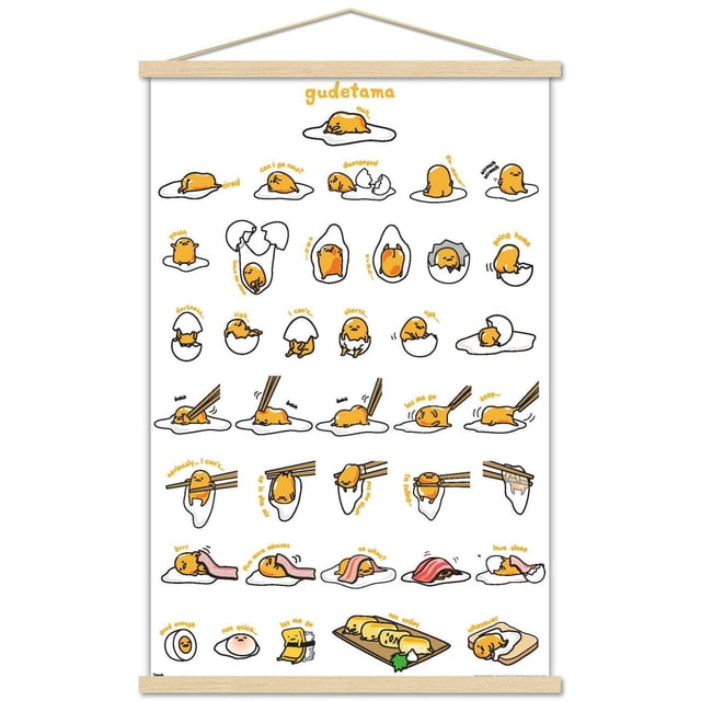 Gudetama - Grid Wall Poster, 14.725" x 22.375" featuring a framed white wall poster with multiple small cartoon illustrations of the lazy egg character Gudetama in various poses and expressions, perfect as wall art for home décor, dorms, or offices.