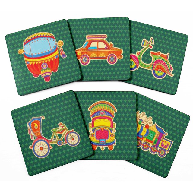Inkdotpot Set of 6 Drink Coasters DecorativeNon,SlipCork Base4-inch Square PrintedCoastersEasy Clean- India Transport