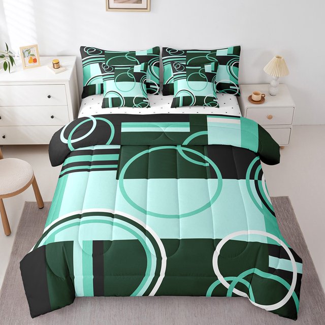 YST Retro Green Grey Black Comforter Set 7 Piece Full Geometry Swirls Gromment Bedding Set for Kids Teens Adult Abstract Circles Rings Geometric Grid Bed Set Graphic Texture Fitted Sheet