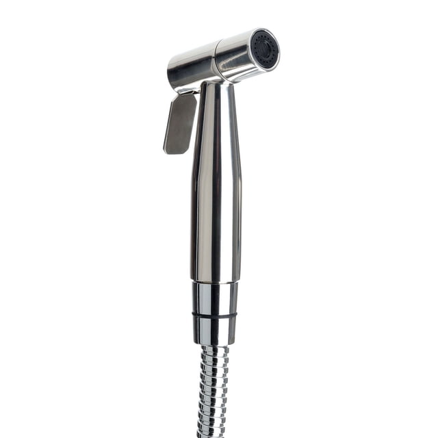 CleanSpa Luxury Hand Held Bidet Sprayer with polished stainless steel ergonomic handle, metal trigger lever, flexible spiral metal hose with woven core, and all-metal T-valve for adjustable water pressure and shutoff, ideal for easy retrofit bathroom installation.