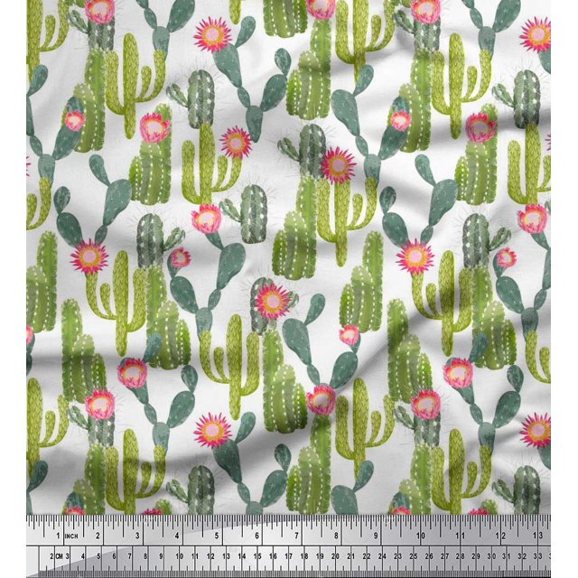 Soimoi White Poly Georgette Fabric Flower & Cactus Tree Printed Craft Fabric by The Yard 52 Inch Wide