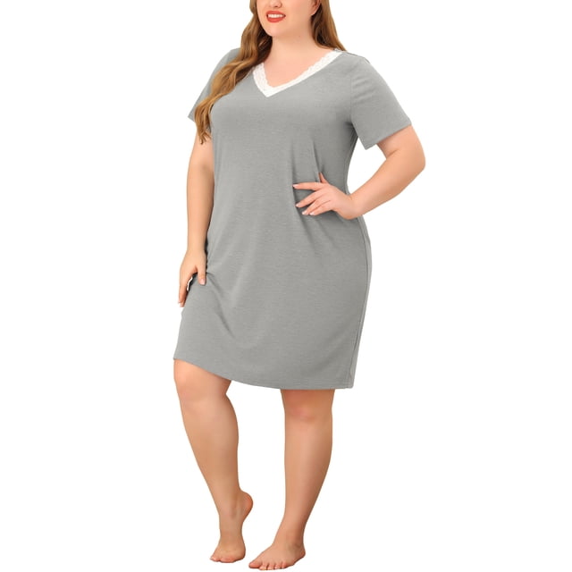 GRACE & GRANDEUR Nuisettes pour Femmes Grande Taille en Dentelle à Col en V à Manches Courtes Pyjama Tenue de Nuit Robe 4X Gris Foncé