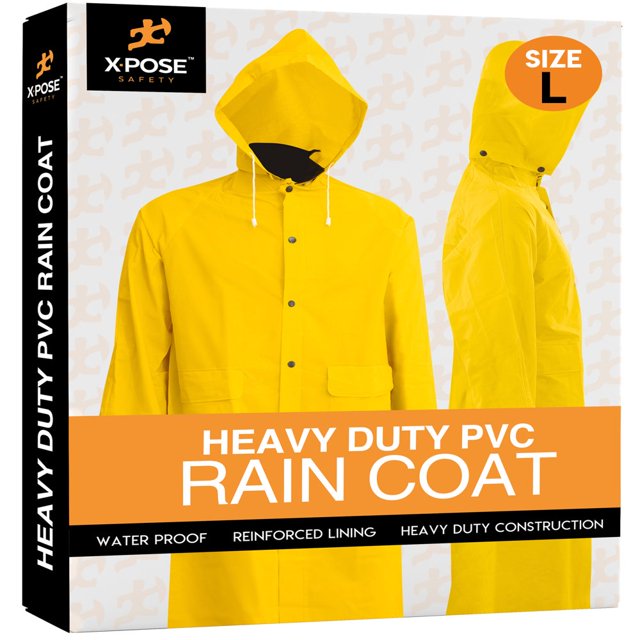 Heavy Duty Yellow Rain Coat – .35mm PVC 48in Raincoat Jacket with Detachable Hood - Waterproof Slicker - Storm Weather Raining Fishing Wet Work Conditions - Small - by Xpose Safety
