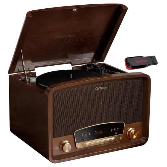 Electrohome Kingston 7-in-1 Vintage Vinyl Record Player Stereo System - 3-Speed Turntable Bluetooth AM/FM Radio CD Aux In RCA/Headphone Out Vinyl/CD to MP3 Recording & USB Playback w/ 32GB USB Drive