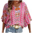 thumbnail image 1 of Pompotops Femmes Décontracté Bohème Ample Imprimé Manches Courtes Col en V Chandail Blouse Hauts, 1 of 8