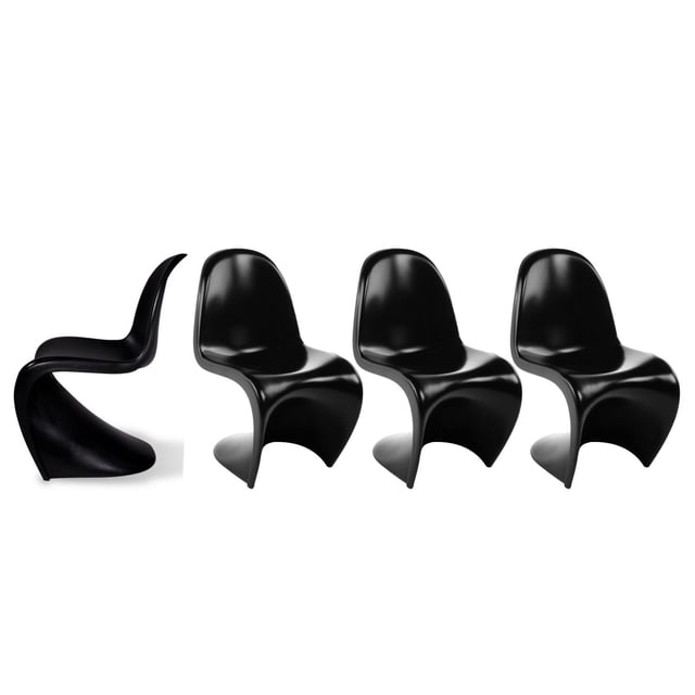 Heavenly Collection Shinny Plastic Dining Chairs SET OF 4 with four black ergonomic polypropylene chairs featuring a smooth curved seat and backrest, shown from side and front angles on a white background, designed for kitchen and dining seating with a modern ergonomic shape providing comfort and style.
