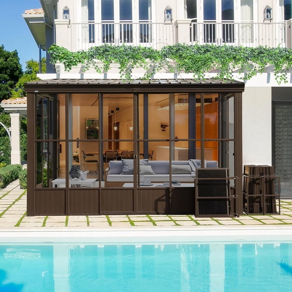 Domi Véranda 2,4 X 3,7 m, Solarium Mural avec Porte d'Entrée et Entrées Latérales, Toit en Acier Incliné, Panneaux en Polycarbonate Amovibles pour Terrasse