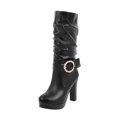 thumbnail image 2 of Qertyioot Talons Hauts pour Femmes, Chaussures Habillées pour Femmes Mode Couleur Unie Mi-Mollet Bout Rond à Enfiler Style Cavalier, 2 of 4
