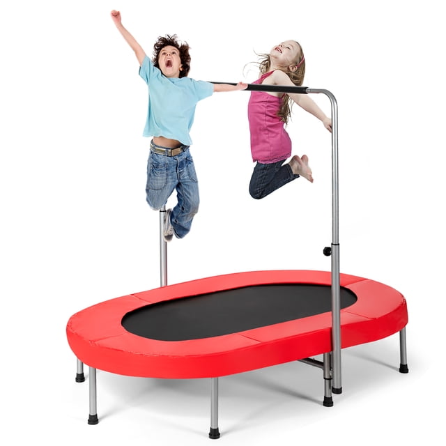 Goplus Trampoline Pliable Double Mini pour Enfants, Rebondisseur D\'entraînement Physique Rouge avec Poignée Rembourrée de Mousse Ajustable. Comprend un Tapis de Saut en PP durable, 40 Ressorts Renforcés et 8 Pieds Robustes pour la Stabilité. Conçu pour Que Deux Enfants Jouent Simultanément, Favorisant le Développement Physique et la coordination. Hauteur Ajustable de 34,5 Pieds' à 50,5 Pieds', Convient à une Utilisation Intérieure et Extérieure.