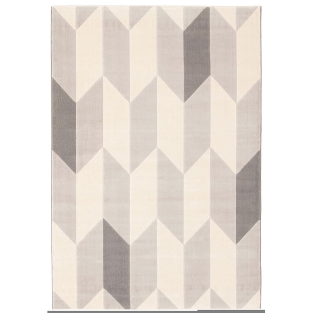 ECARPET Modern Area Rug for Dining Room, Living Room, Bedroom or Den Burke Grey with a geometric chevron pattern in soft grey and cream tones, made from ultra soft yarn for durability and comfort, ideal for high traffic and pet-friendly indoor spaces, also suitable as a stylish accent rug.