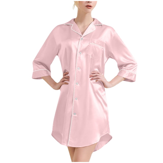 Besolor Chemise de Nuit en Satin pour Femme à Boutons, Robe Chemise à Manches 3/4, Décontractée et Confortable, Pyjama de Nuit