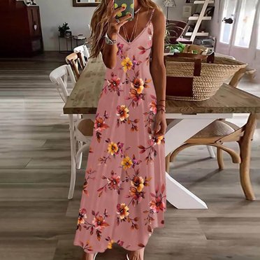 LOVZFMLL Robes Femmes Mode Femmes Été Décontracté Solide Col en V Camisole Sans Manches Longue Robe