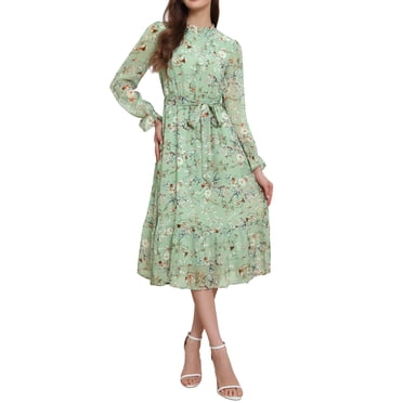 INSPIRE CHIC Robe pour Femme Florale Col Montant à Volants Manches Longues Fluide en Chiffon Ligne A Midi Robes Gris Vert P