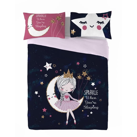 Gouchee Home Lesha Queen 3‑Piece Duvet Cover Set – Magical Moon & Princess Print, Reversible Cotton Kids Bedding