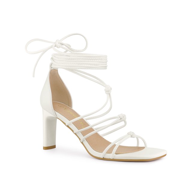 BLISSFUL STEP Sandales à Talons Hauts Blocs à Lacets à Brides pour Femmes Blanc 9