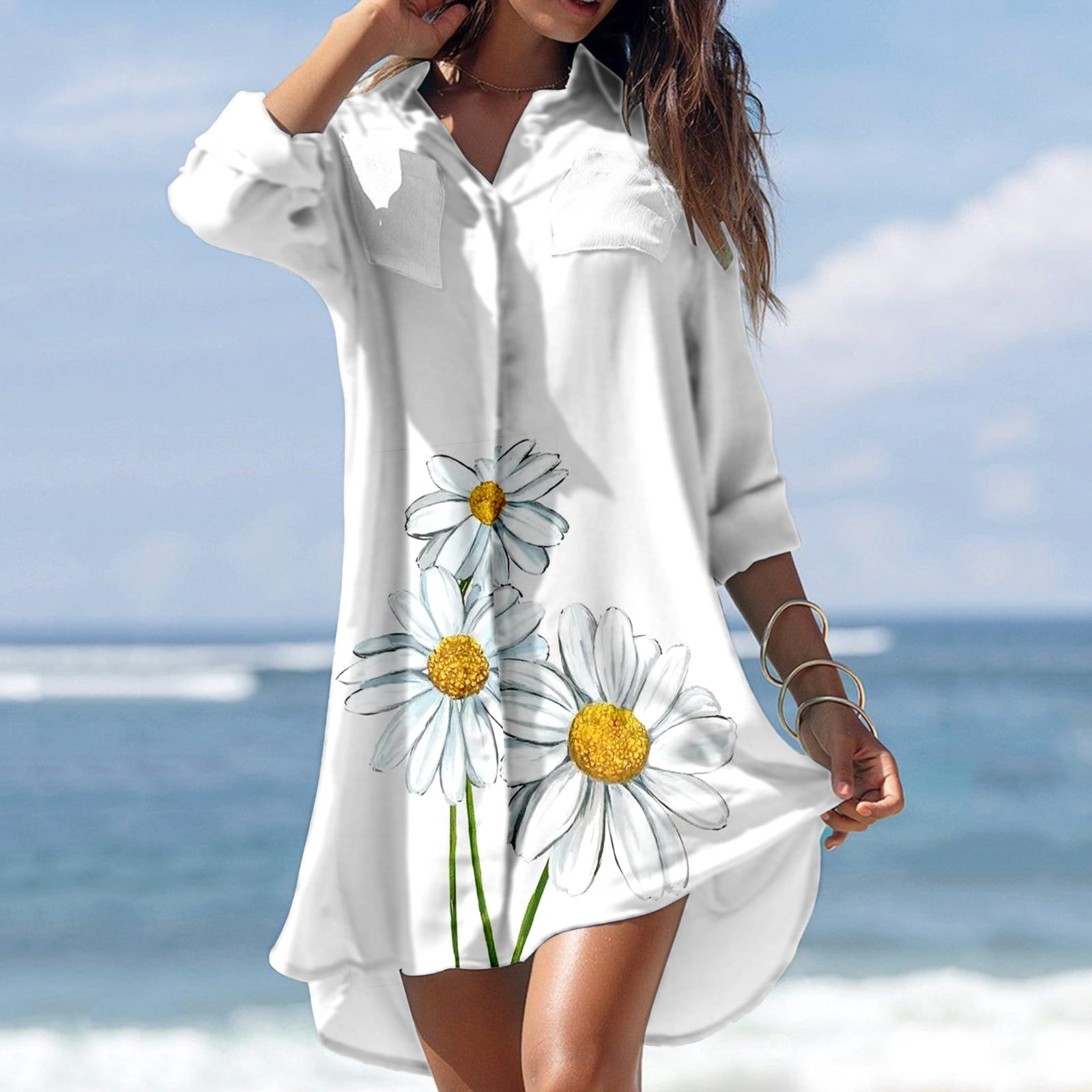 Longs Cache-Maillots pour Maillots de Bain Femmes Été Décontracté Col Rabattu Manches Longues Blouse Imprimée Boutons avec Poche Robes Chemise Cache-Maillots de Bain pour Femmes en Liquidation