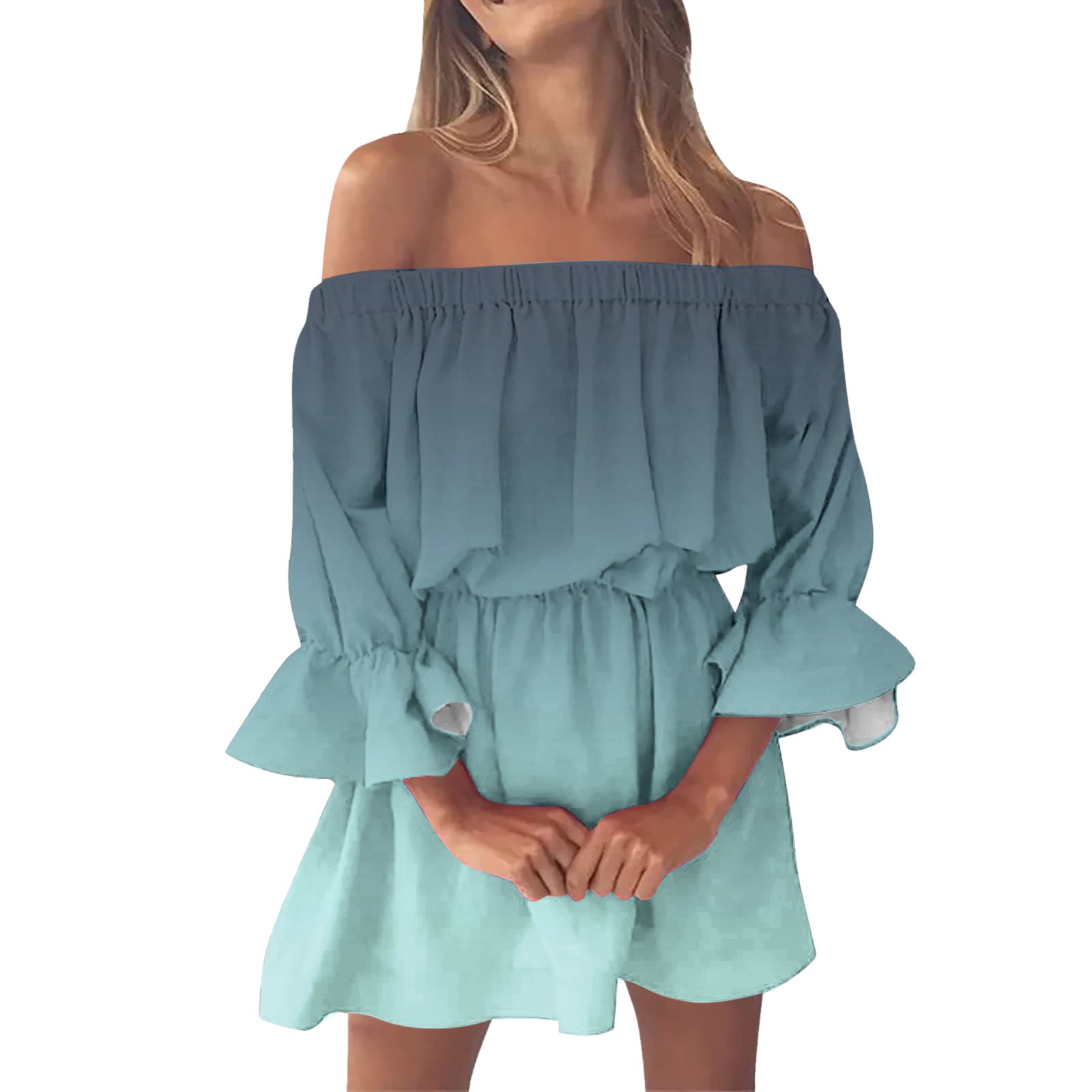 Kcodviy Robe d'Été Moulante à Épaules Dénudées pour Femmes, Robe d'Été pour Femmes Ample à Imprimé Floral Boho, Robe Maxi Décontractée pour Femme, Blouse à Manches Évasées, Robe Décontractée Beige, Robes Mini à Manches Mi-Longues