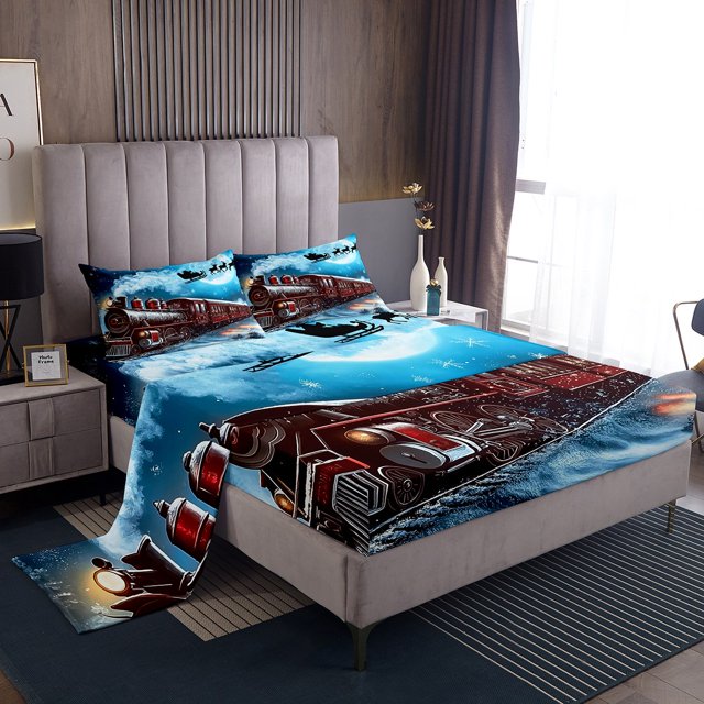 Erosebridal Christmas Train Bed Sheets Set Queen Size, Moon Print Bedding Set, Winter Snowflake Decor, 4-Piece
