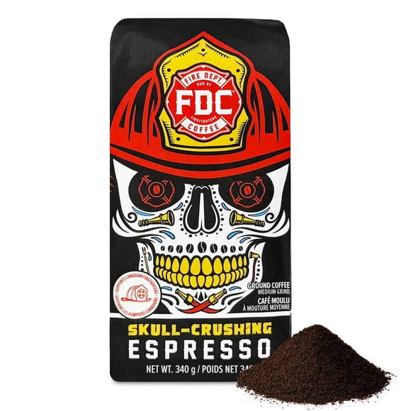 Fire Department Coffee Skull-Crushing Espresso, Dark Roast Premium Ground Coffee, 340g