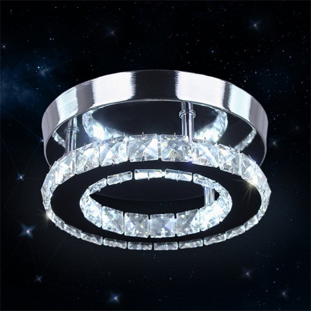 Diisunbihuo Lustre Moderne Mini à DEL Semi-Encastré avec Éclairage en Cristal Blanc Froid. Comprend un Cadre en Acier Inoxydable Fini Chrome avec des accents en Cristal Clair K9 Disposés en Deux Niveaux Circulaires. dimensions Compactes de 8 X 5 Pouces, Convient aux Espaces de 10 à 15 M2 comme les Couloirs, les Chambres, les Salles à Manger Ou les Hôtels. Émet une Lumière DEL Blanc Froid d'Une Durée de Vie de 5000 Heures.
