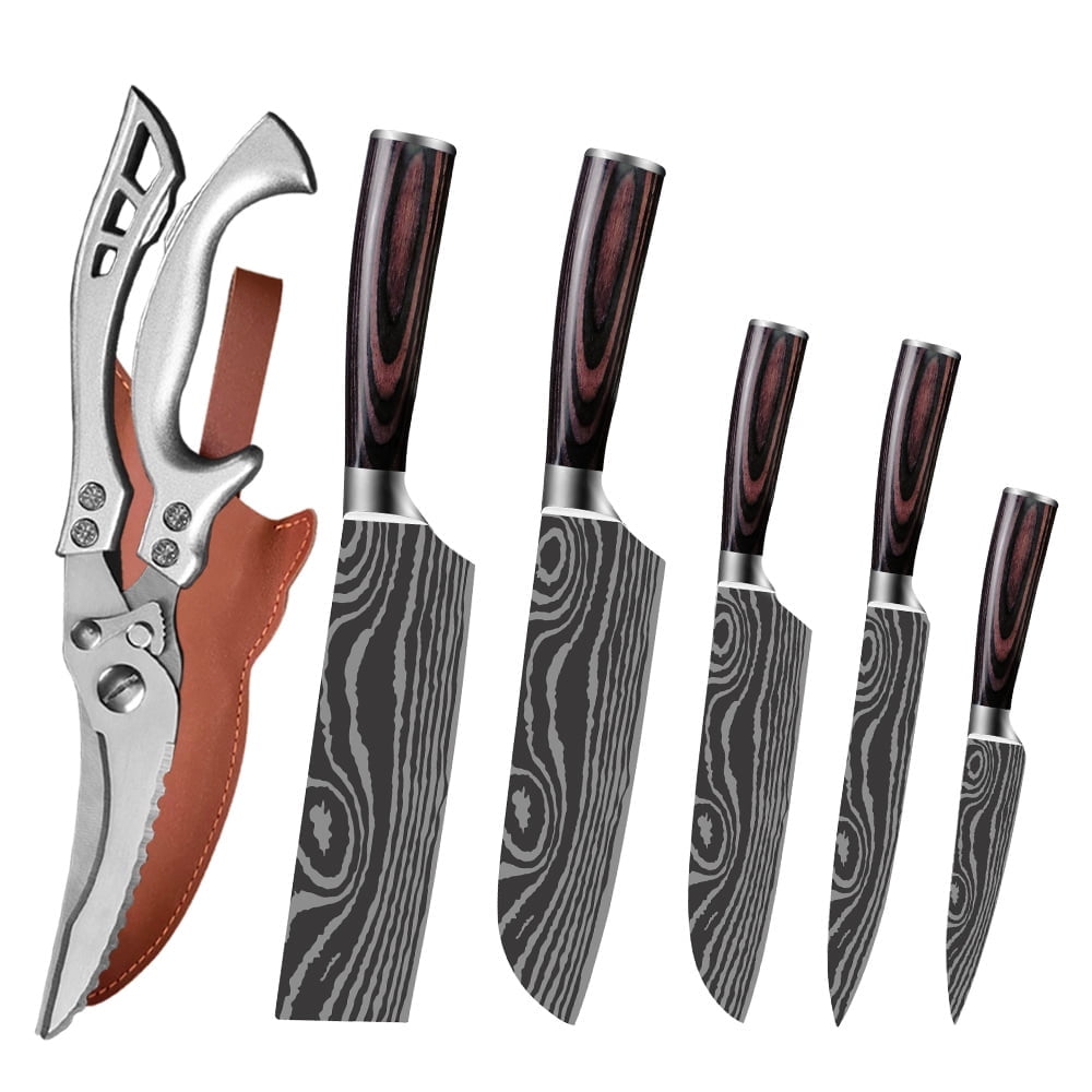 Japanese Chef Knife with Kitchen Scissor 6-Piece Professional Kitchen Knives High Carbon Stainless Steel Slicing Knife with Red Pakkawood Handle