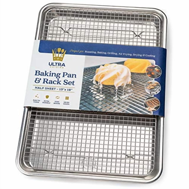 Aluminum Baking Sheet with Stainless Steel Cooling Rack Set by Ultra Cuisine - Half Sheet Size Pan 13 x 18 inch, Durable Rimmed Sides, Easy Clean, Commercial Quality for Cooking and Roasting