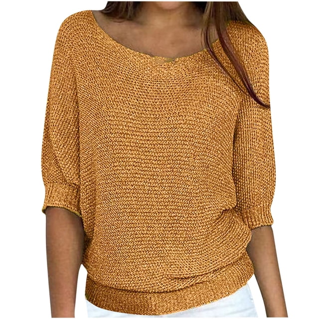 Mrat Chandail à Manches Courtes pour Femmes Col Rond Chandail Tricoté Chemise Épaisse Surdimensionnée Chandail Confortable à Manches 3/4 pour Femmes Chemise Jaune 5TG