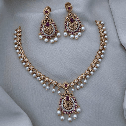 South Indian Ruby CZ Choker Necklace with Earrings – Gold Plated Bollywood Pearl Jewelry Set