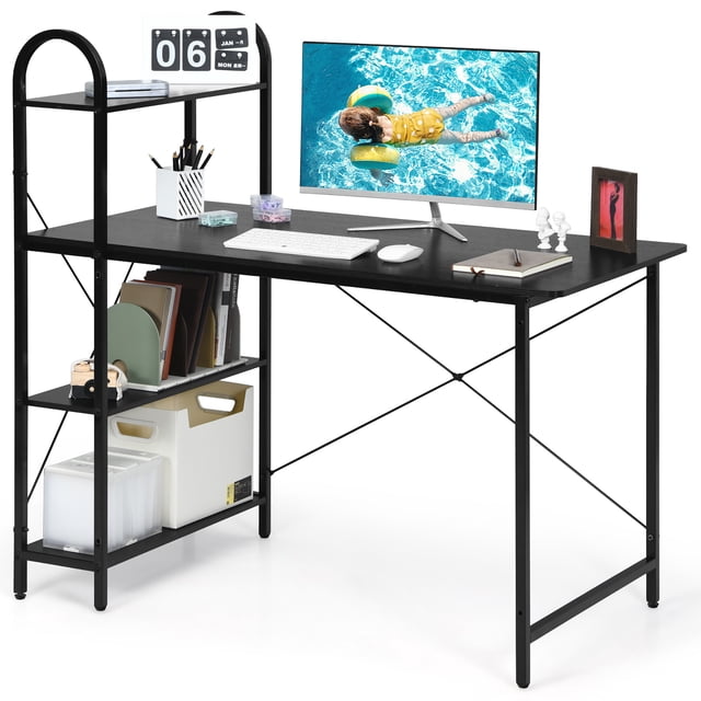 Costway Bureau d'Ordinateur Réversible de 48 Pouces Table d'Écriture Poste de Travail avec Tablette de Rangement Noir