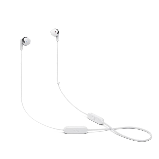 JBL TUNE 215BT wireless earbud headphones in white with tangle-free flat cable, ergonomic earbuds marked red and blue for right and left, inline three-button remote with microphone, Bluetooth 5.0 support, 16-hour battery life, and hands-free call and voice assistant features.