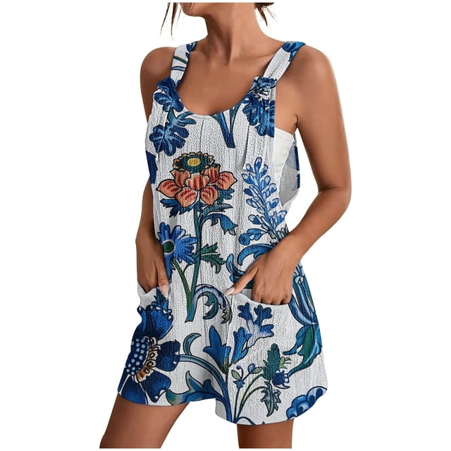 Pisexur Combinaison Décontractée pour Femmes Plus Size Summer Floral Sans Manches Ample Réglable Bretelles Spaghetti Shorts Extensibles d'Une Seule Pièce avec Poches S-3XL