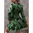 thumbnail image 4 of Robe Courte Fleurie pour Femme à Manches Longues, Décontractée, Col en V, Chiffon, Modeste, Bohème, Fluide, Automne, Invitée de Mariage, Vert, M, 4 of 9