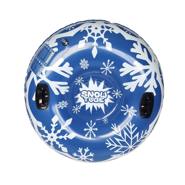 Snow Tube For Winter Fun Inflatable 47.2 Inch Heavy Duty Snow Sleds, featuring a vibrant blue design with white snowflake patterns. Made of durable, impact-resistant PVC with a thickness of 0.6mm, it includes sturdy plastic handles for safety and a deep seat for comfort. Designed for kids and adults, it supports up to 600 pounds and is suitable for temperatures as low as -86°F. The tube has a quick inflation and deflation system with a double-lock valve for an airtight seal. Ideal for winter sports and family fun.