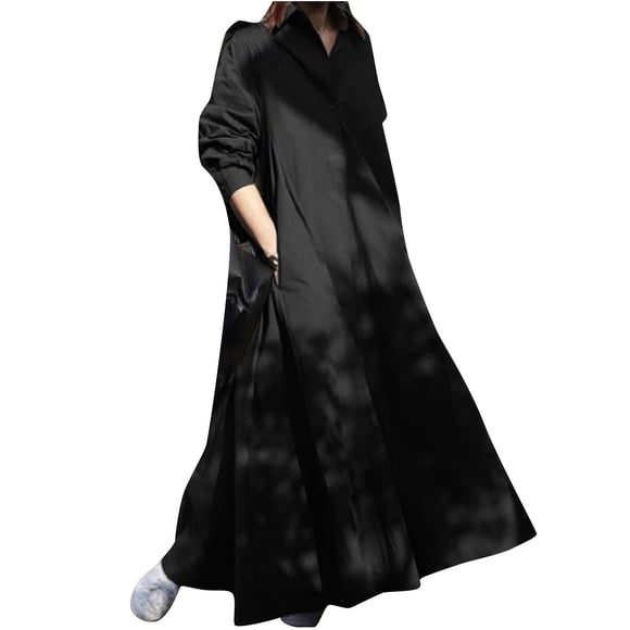 Cotton Maxi Dress for Women Clearance Solid Retro Boho Clothing Beach Long Sleeve Button Tiered Ruffle Swing Vacation Summer Round Neck Sundress Black