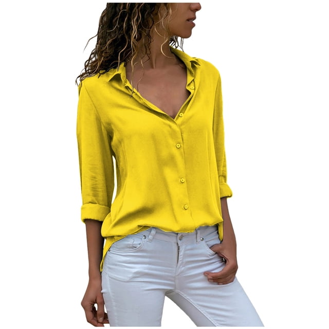 Timegard Button down Shirts for Women Plus Size Chiffon Lapel Neck Long Sleeve Tops Work Office Blouse
