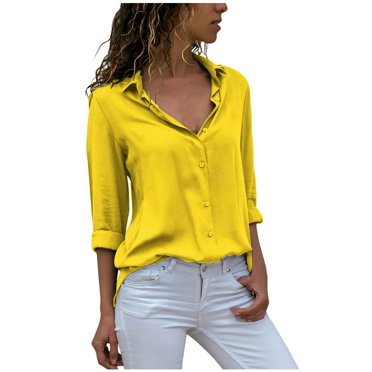 IROINID Savings Plus Size Shirts for Women Leisure Ladies Chiffon Long Sleeve V-Neck Lapel Solid Color Blouses Summer Tops,Yellow