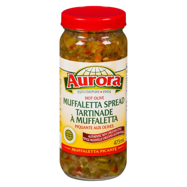 Aurora Hot Olive Muffaletta Spread in a 473 ml clear glass jar with a red lid, containing a chunky blend of olives, peppers, and spices, labeled authentic New Orleans style, ideal as a savory dip or salsa for snacks and meals.