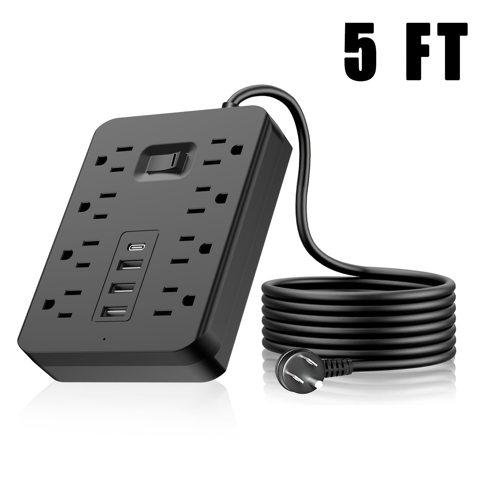 [8-Outlet Surge Protector] 8-Outlet Surge Protector Power Strip With 4 USB Ports (18W Fast Charging), 1700 Joules Protection, 1250W/10A Capacity, 5ft Flat Plug Extension Cord