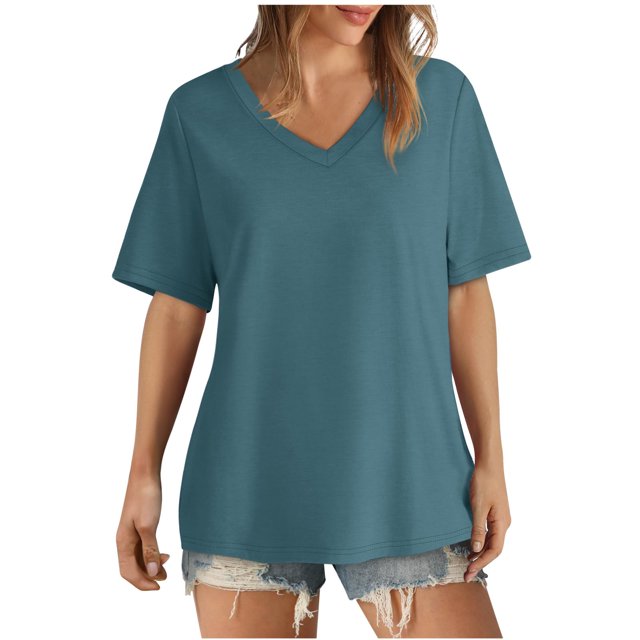 AherBiu Womens Summer Tops Basic V Neck Loose Casual Short Sleeve Solid Color Comfy Daily Tshirts