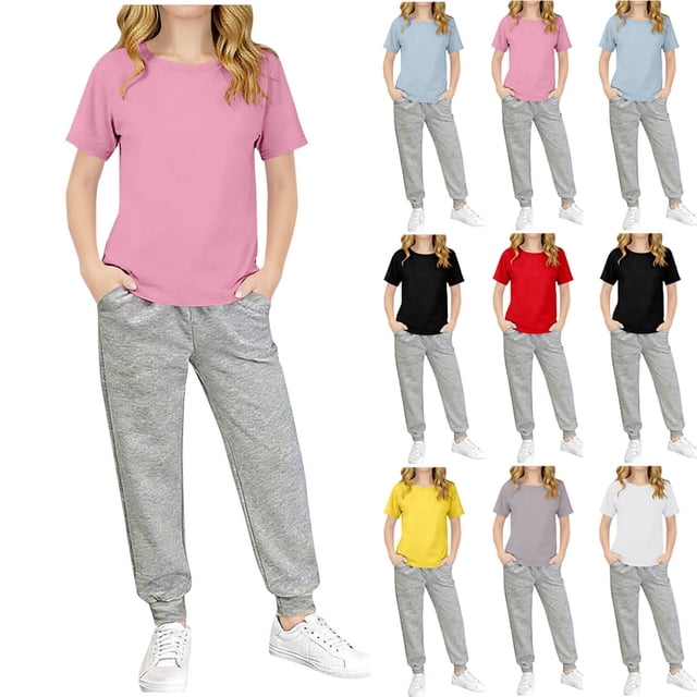 Qtocio Big Girls 2 Piece Outfits Solid Color Short Sleeve Tee Tops and Long Pants Casual Daily Style Lightweight Soft Summer Matching Set for Kids