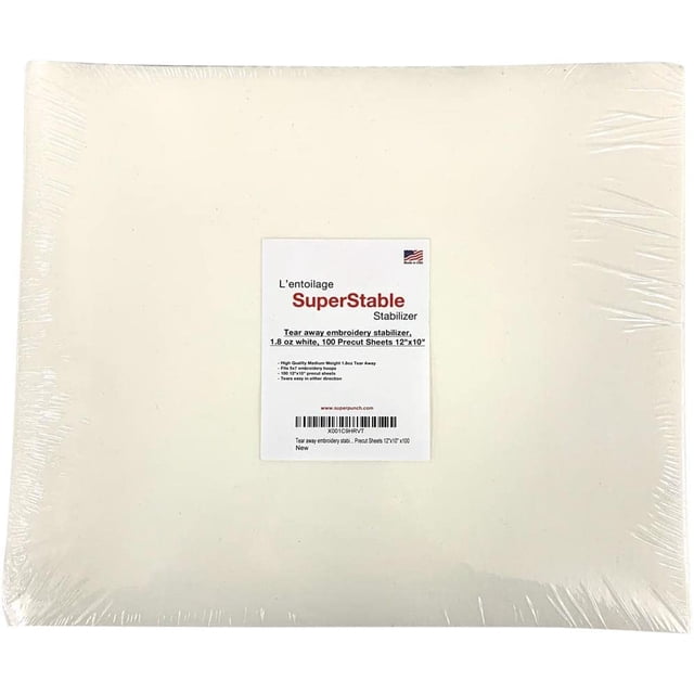 Soft Tear Away Stabilizer White 1.8 oz 100 Precut Sheets 12 Inches x 10 Inches. SuperStable Embroidery Stabilizer Backing