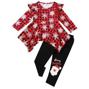Xingqing 2PCS Bébé Bébé Girls Noël Survêtement Santa Claus à Manches Longues Recadrée Tops Plaid Pants