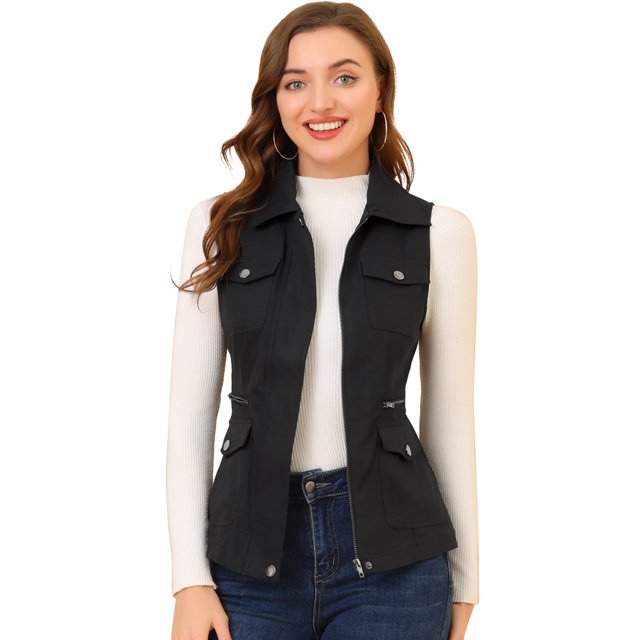 INSPIRE CHIC Veste Zippée pour Femme Sans Manches Anorak Gilet Utilitaire Veste avec Poches TP Noir