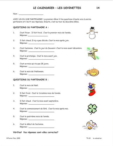 French Reproducible Teaching Activities for the FSL Classroom -le calendrier Think Kit