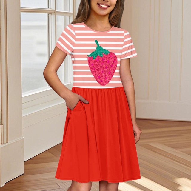 LOVZFMLL Girls' Summer Flower Print Short Sleeve Ruffled Pockets Round-Neck Printed Dress For Kids